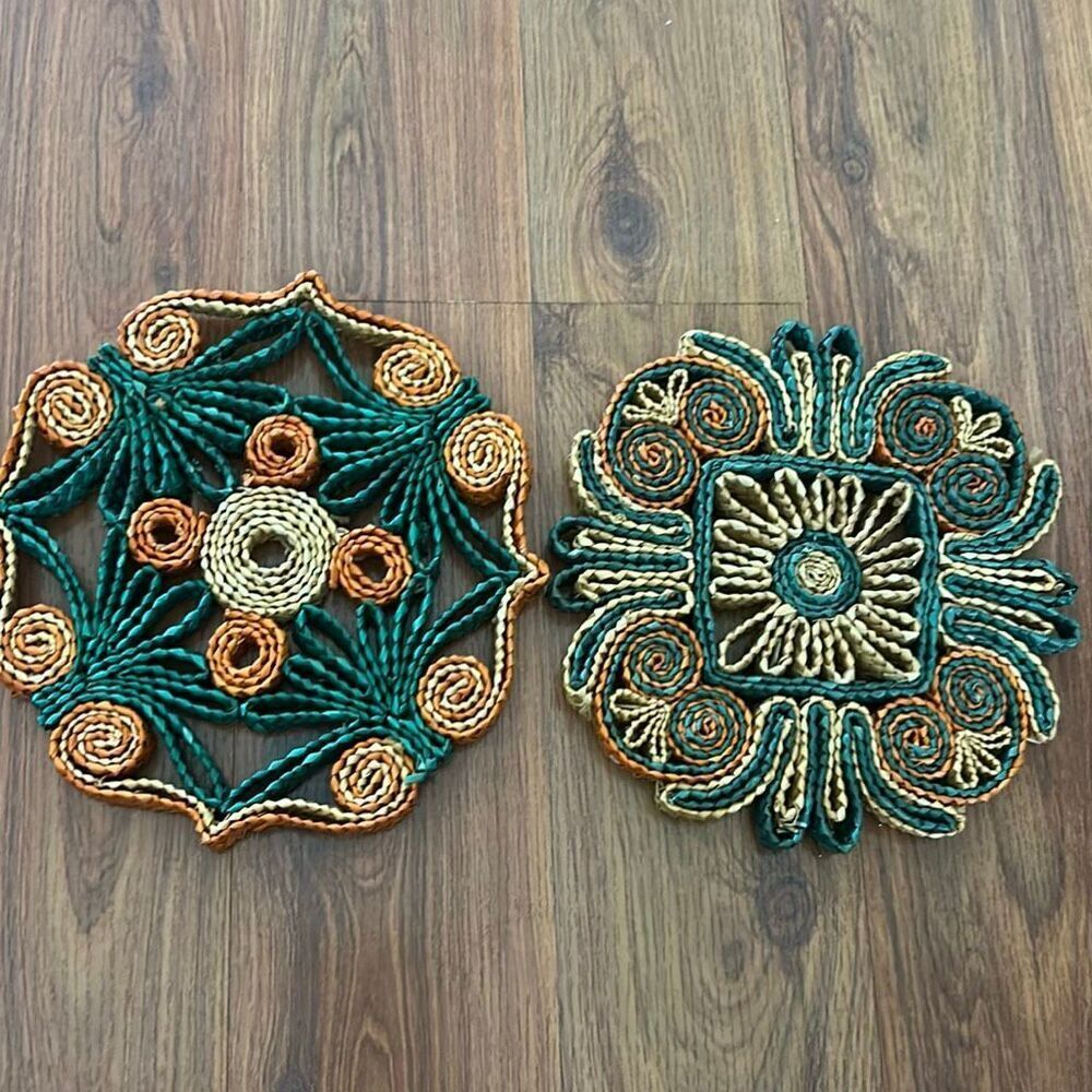 Vintage made in the People's Republic of China woven raffia trivets green orange